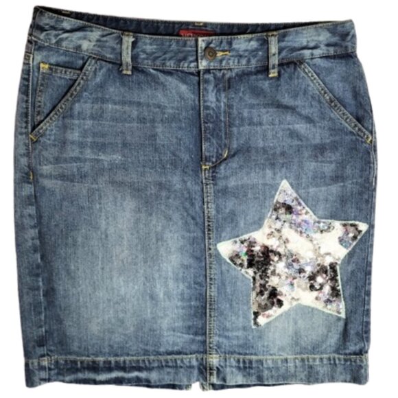 MERONA Upcycled Sequined Star Patch Denim Jean Skirt - Women's 8 - Picture 1 of 4